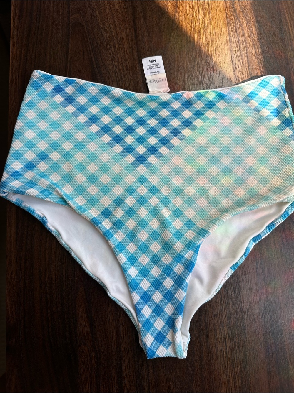 L*SPACE High Waist Bikini Bottom M Blue Aqua Geometric Textured Swim